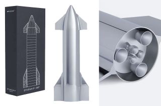 SpaceX's new 1:150 Starship chrome model reproduces the major details of the steel spacecraft in a 13-inch tall display.