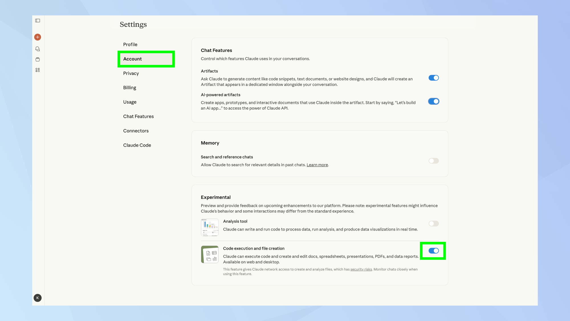 Claude file creation settings