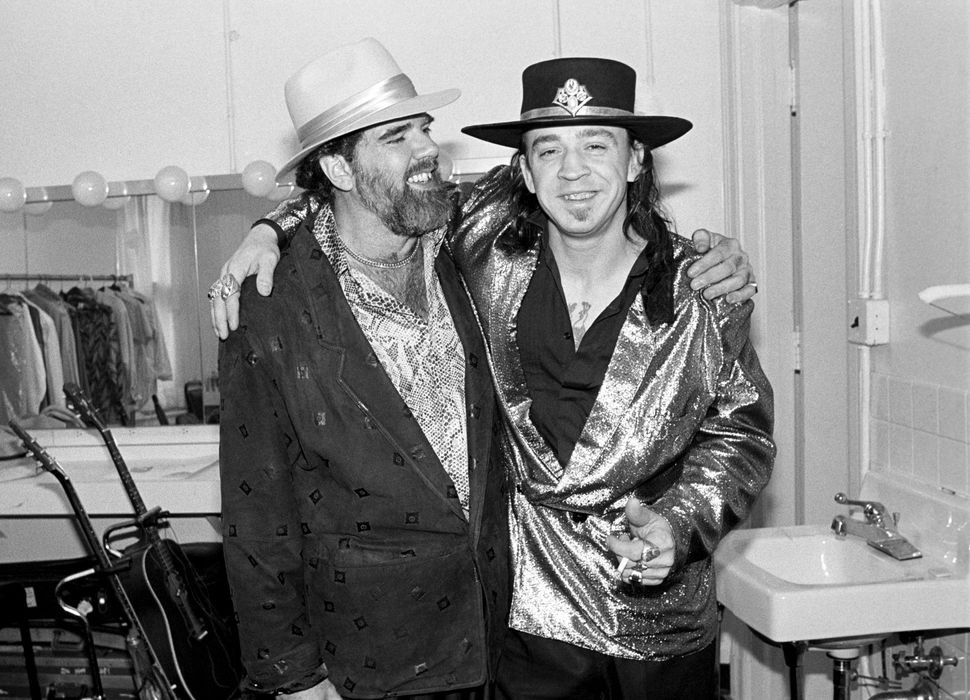 Lonnie Mack and Stevie Ray Vaughan backstage at the Orpheum Theater in Memphis, Tennessee on August 26, 1986