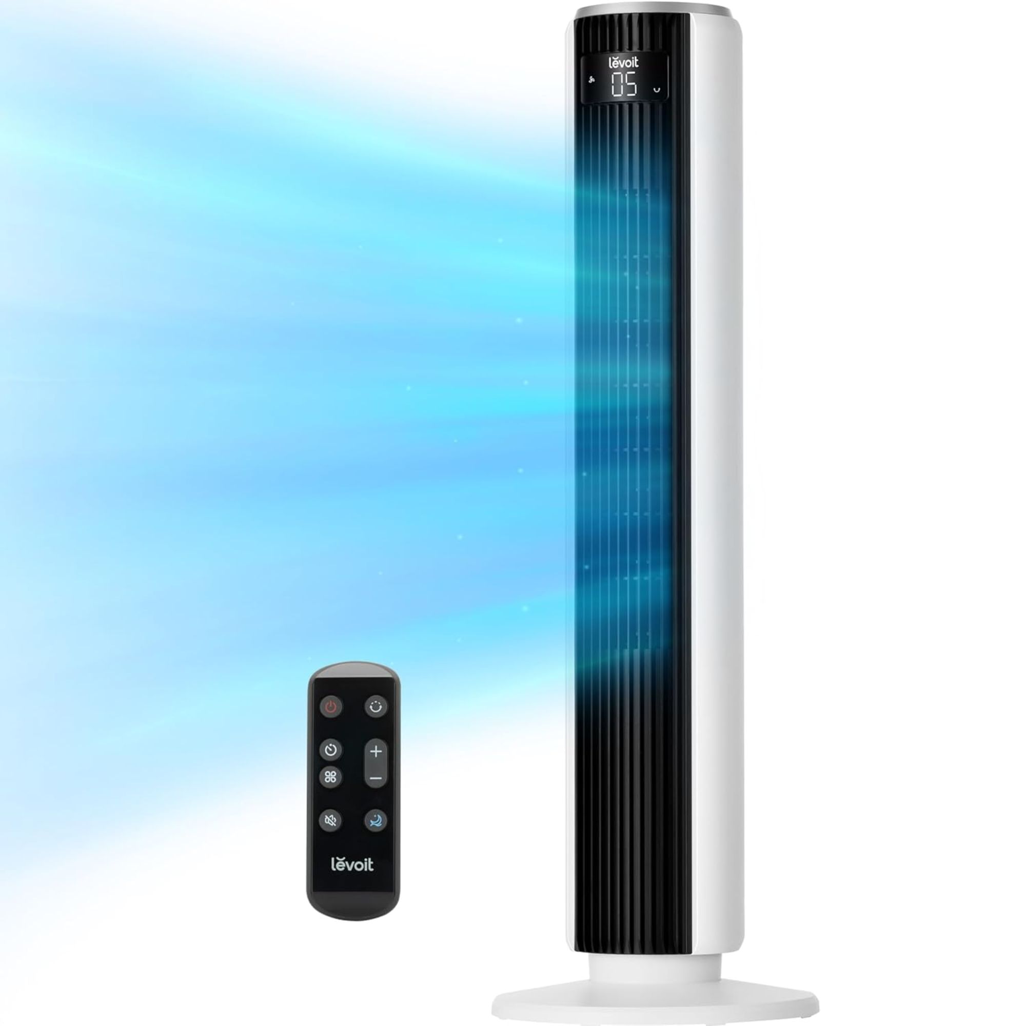 White Levoit tower fan