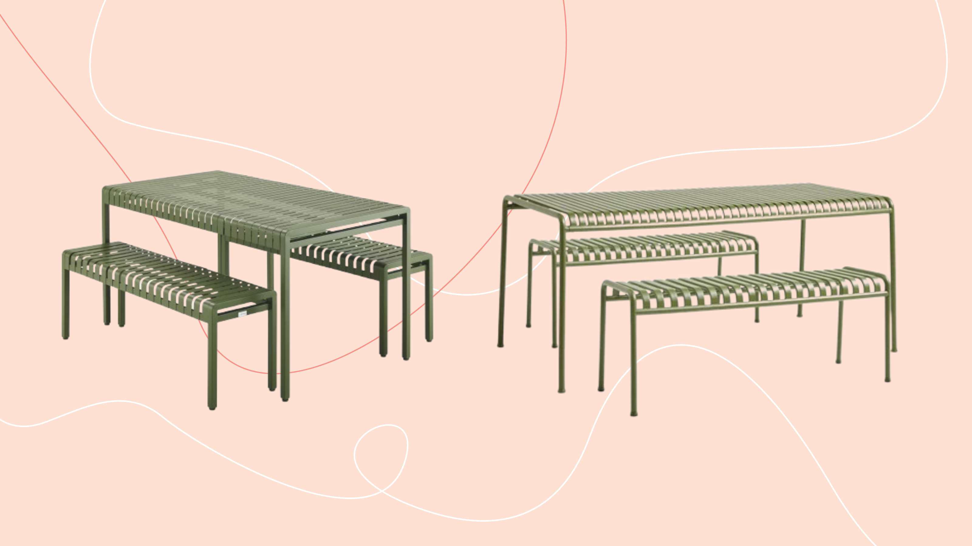 Green Aldi metal dining bench on the left. Cut out of HAY Palissade picnic set in olive on the right. There is a soft, pink background.