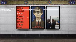 Advertising posters on tiled wall showing National Portrait Gallery new branding and logo