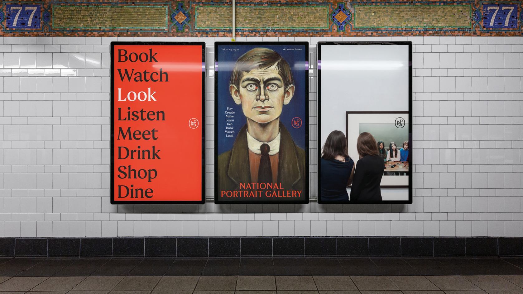 Advertising posters on tiled wall showing National Portrait Gallery new branding and logo