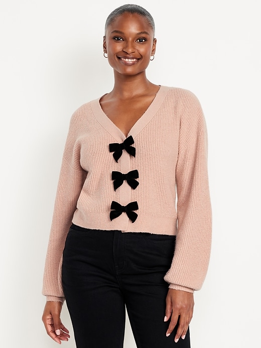 Sosoft V-Neck Bow-Front Cardigan Sweater