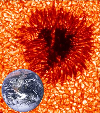 An image of the sunspot with the Earth shown to scale. The image has been colorized for aesthetic reasons. This image with 0.1 arcsecond resolution from the Swedish 1-m Solar Telescope represents the limit of what is currently possible in terms of spati