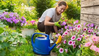A woman planting flowers with a watering can 