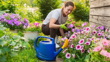 A woman planting flowers with a watering can 