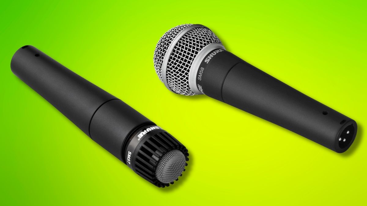 A Shure SM57 and SM58 on a bright green background