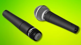 A Shure SM57 and SM58 on a bright green background