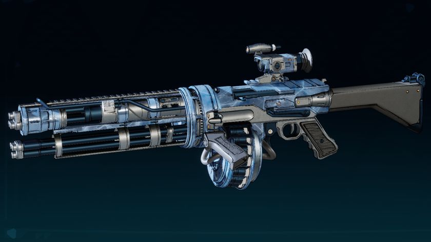 Borderlands 4 Aegon&#039;s Dream location: A close-up of the Aegon&#039;s Dream legendary assault rifle against a dark blue background.