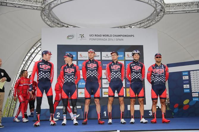 The US national team on the stage before the start of Worlds