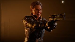 Soltari Echelon 4 commander Sheridan Bouchard stands with a handgun raised in Saros