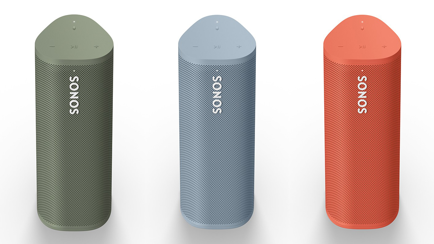 Sonos Roam i tre nye farver: Grøn, blå og rød på hvid baggrund