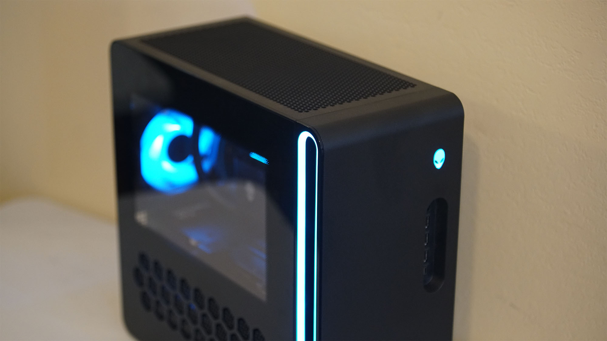 An Alienware Aurora gaming desktop on a desk from a top-down angle