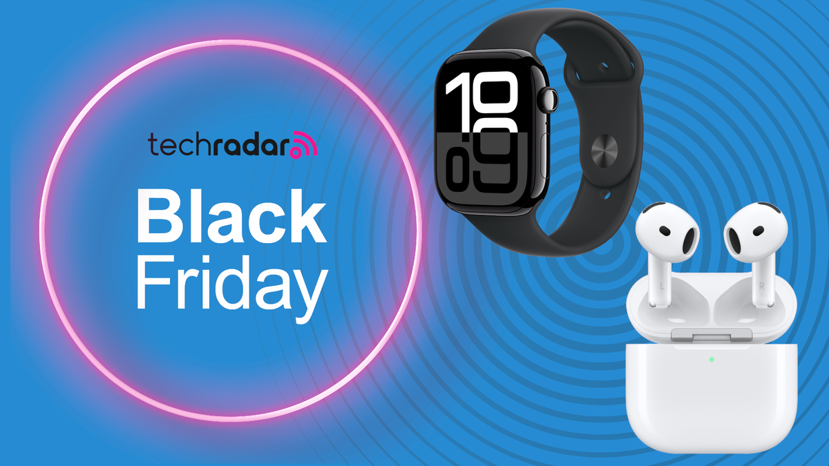 Apple products on a blue Black Friday deals background