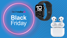 Apple products on a blue Black Friday deals background