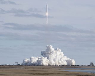 A Northrop Grumman Antares rocket launches the uncrewed Cygnus NG-13 cargo ship to the International Space Station from NASA's Wallops Flight Facility on Feb. 15, 2020.