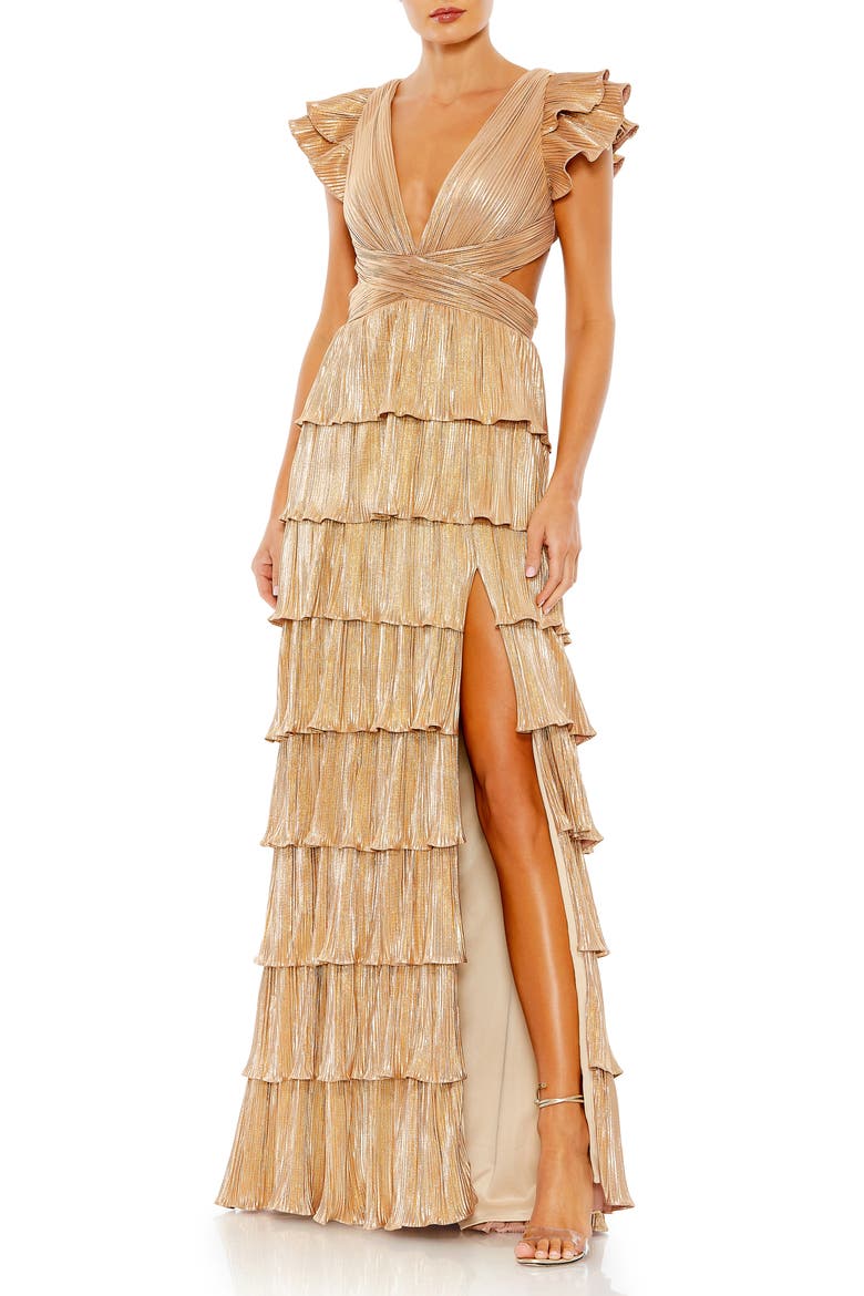 Ruffle Tiered Criss Cross Lace Up Gown