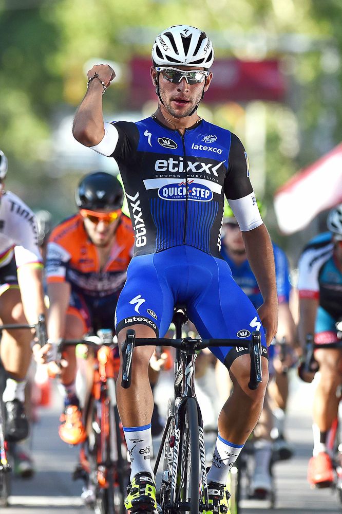 Fernando Gaviria celebrates winning stage 2 at the Tour de San Luis.