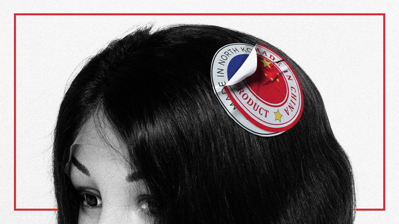 Photo collage of a wig styled on a mannequin head, with a &quot;Made in China&quot; sticker on it. The sticker is peeling off, revealing a &quot;Made in North Korea&quot; sticker underneath.