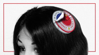 Photo collage of a wig styled on a mannequin head, with a "Made in China" sticker on it. The sticker is peeling off, revealing a "Made in North Korea" sticker underneath.
