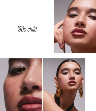 A '90s makeup look with glossy lips and dark lip liner