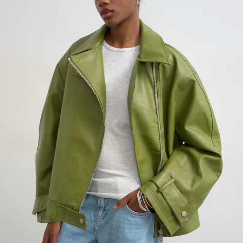 Faux Leather Funnel Neck Biker Jacket