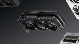 PNY GeForce RTX 5060 Ti graphics card on a reflective background.