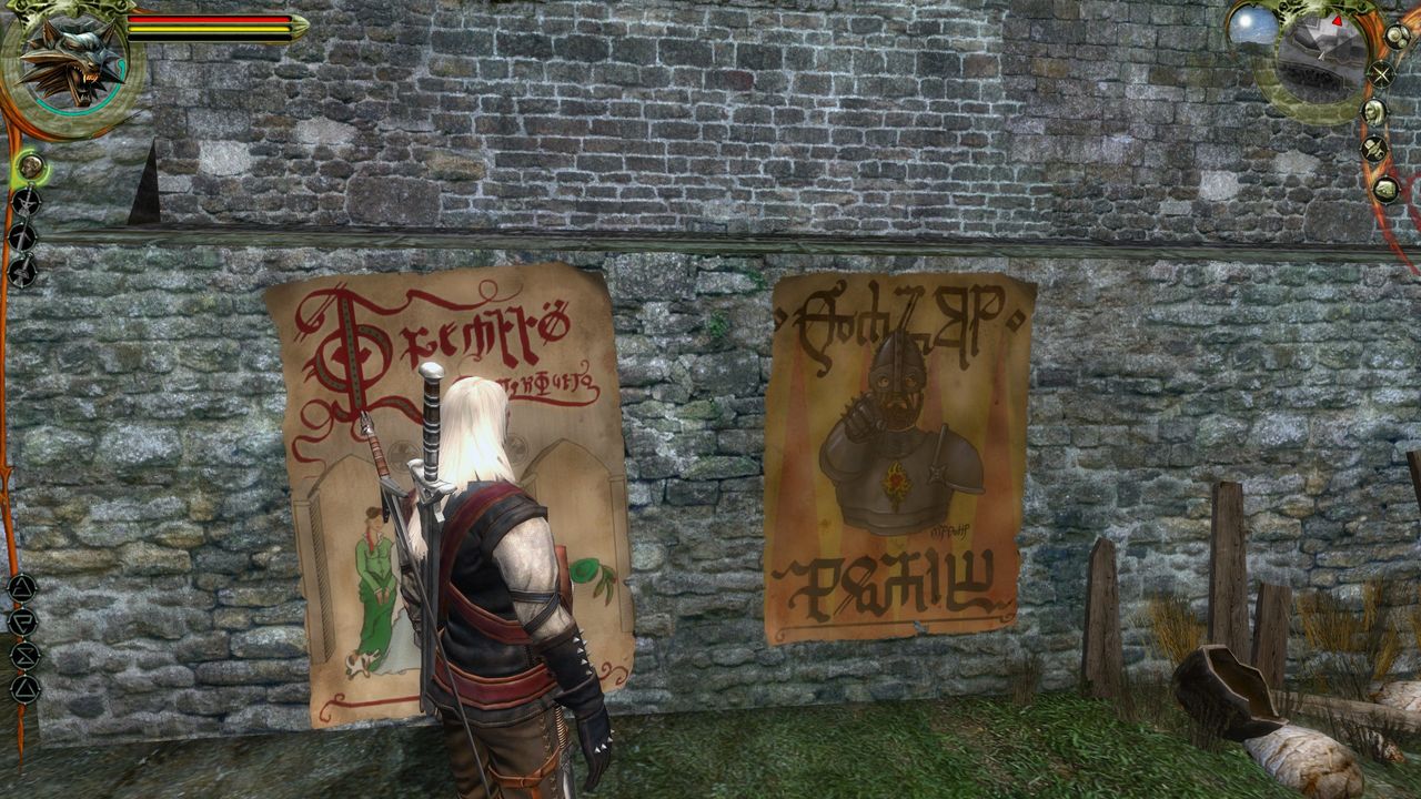 Geralt looking at a Temarian recruitment poster