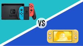 A split image showing the Nintendo Switch in its dock beside its Neon red and blue Joy-Con controllers, and the Nintendo Switch Lite in yellow