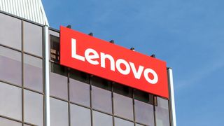 Red and white Lenovo signage on building