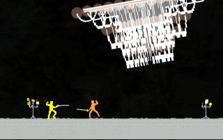 Local multiplayer games — the two Nidhogg duelists prepare to cross rapiers beneath a massive swinging chandelier.