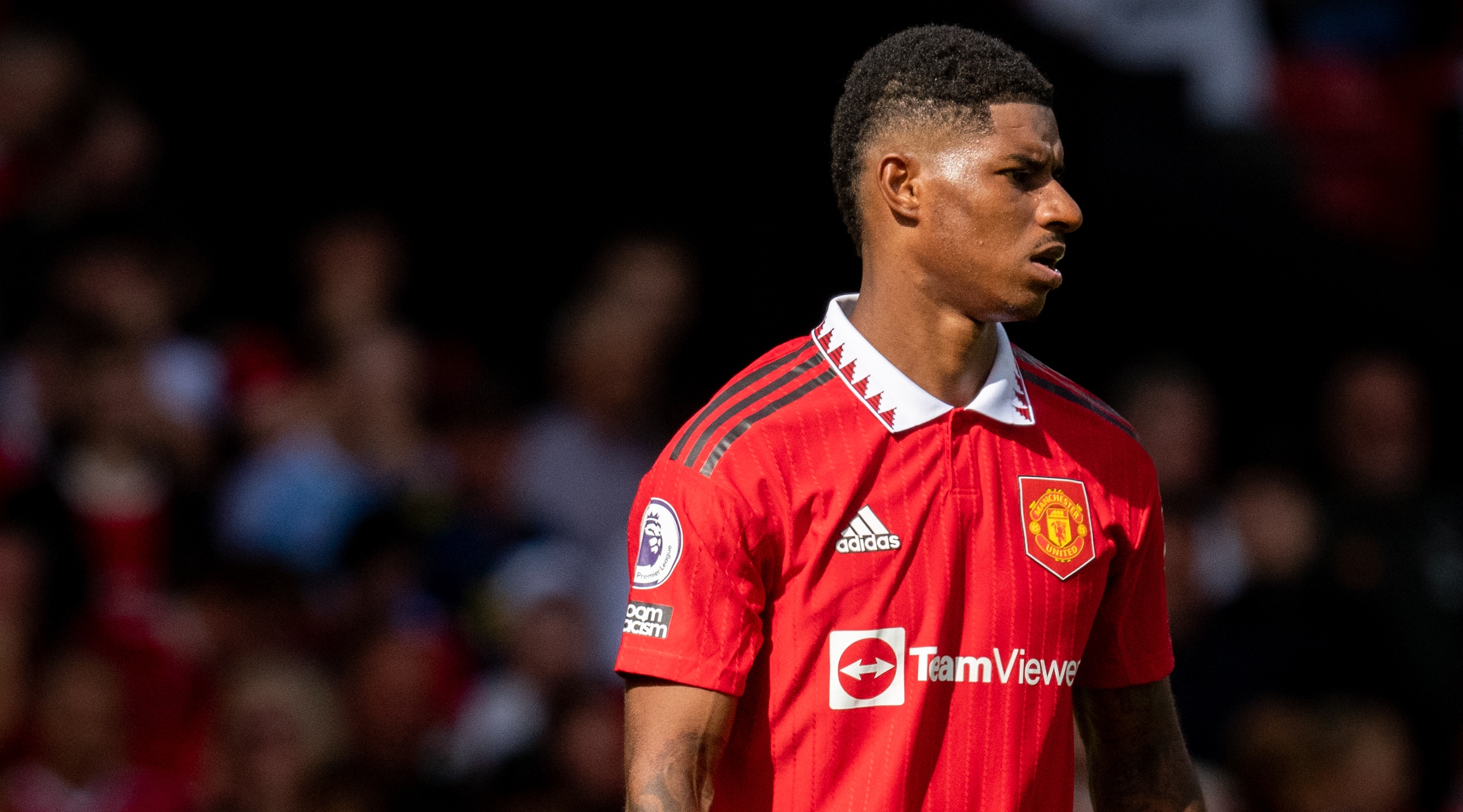 Marcus Rashford of Manchester United in action during the Premier League match between Manchester United and Brighton & Hove Albion at Old Trafford on August 07, 2022 in Manchester, England
