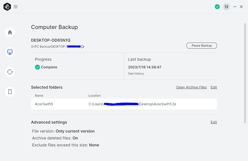 Synology BeeDrive computer transfer screen