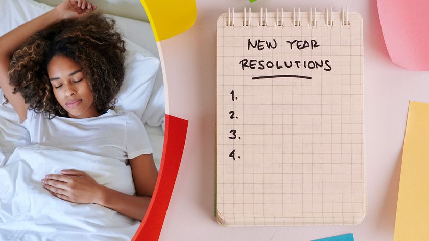 On the left, an image of a woman sleeping soundly in bed. On the right, a notebook with the phrase "New Year Resolutions" written at the top of the page, followed by a list numbered one to four. The notebook is surrounded by brightly colored post its
