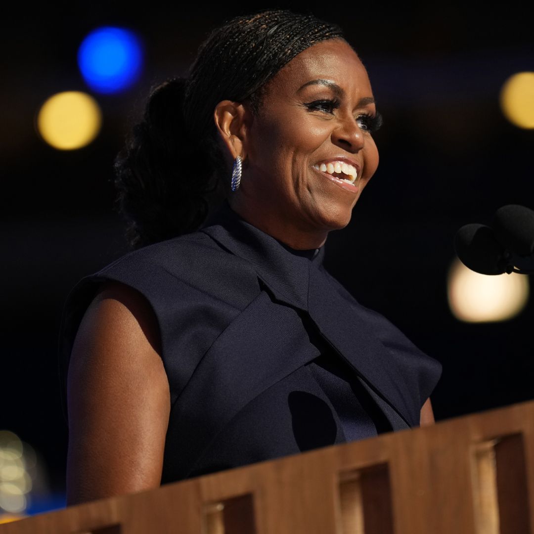 Michelle Obama attended a book tour event for &#039;The Look&#039; in a color-blocked Loewe Spring 2026 dress