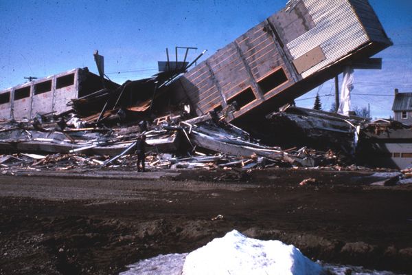 Alaska Earthquake March 27, 1964. The Four Seasons Apartments in Anchorage was a six-story lift-slab reinforced concrete building which cracked to the ground during the quake. Credit: USGS