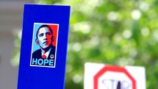 A sign depicting former President Barack Obama is seen at a rally in Toronto on June 14, 2025.