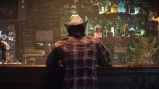 Wolverine sits at a bar with his back to the camera. He's wearing a cowboy hat and a red flannel shirt