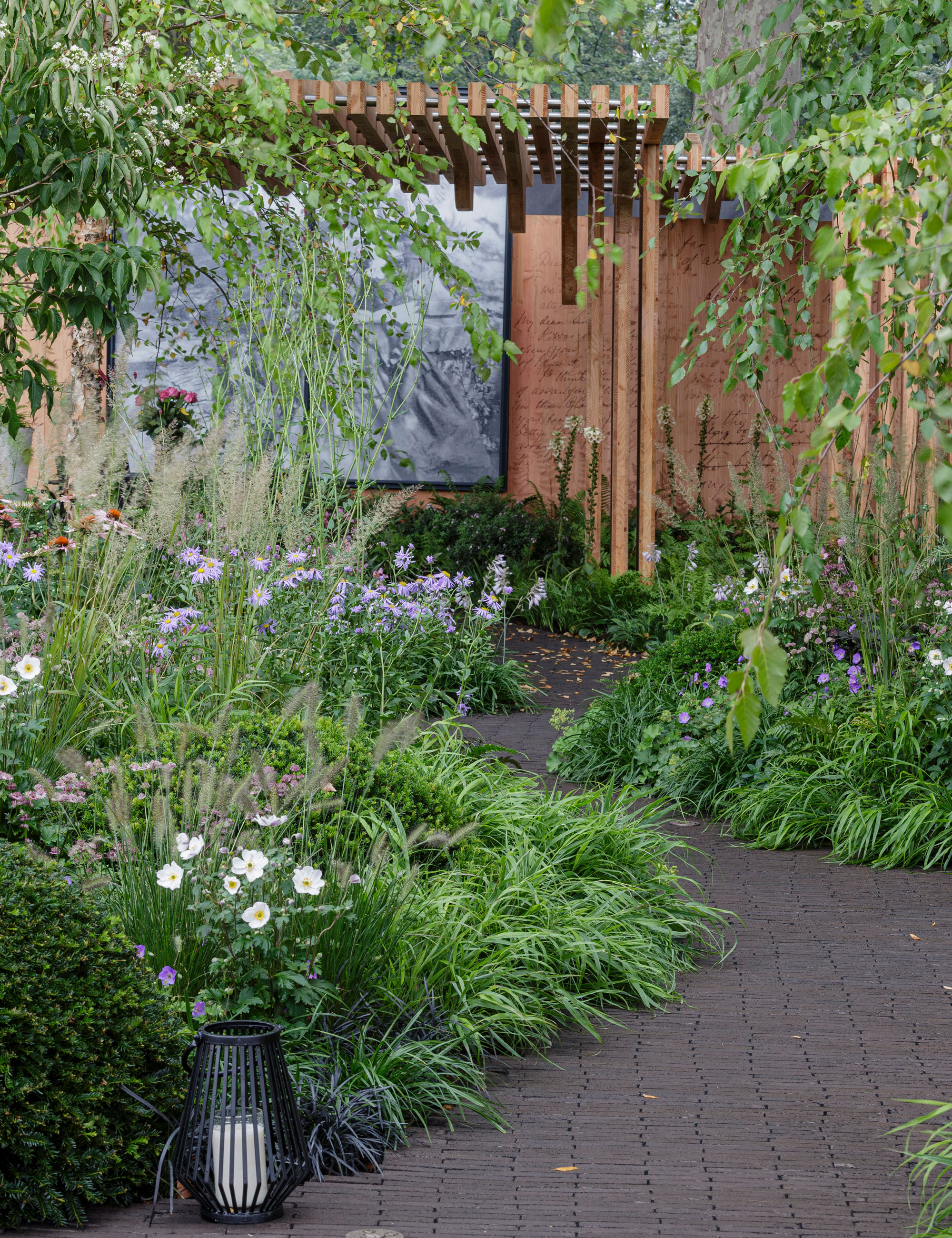 winding path leading to a wooden pergola with airy ornamental grasses and trees, flowers and a lantern