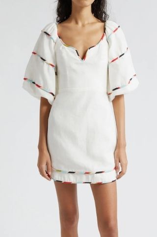 Stripe Trim Puff Sleeve Linen Minidress