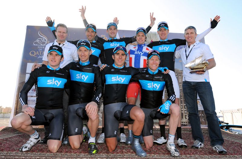 Bradley Wiggins and Team Sky at the 2010 Tour of Qatar after winning the opening stage of the race