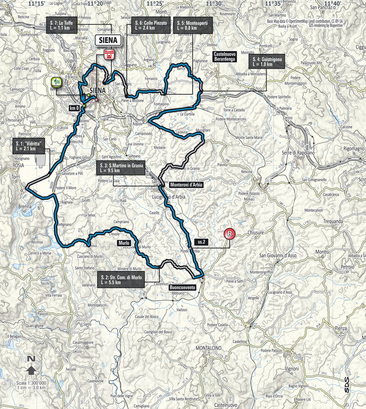 The map of the 2016 women's Strade Bianche race