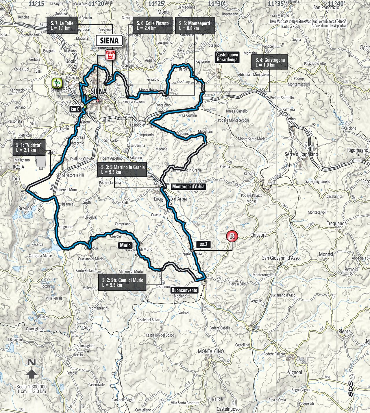 The map of the 2016 women's Strade Bianche race