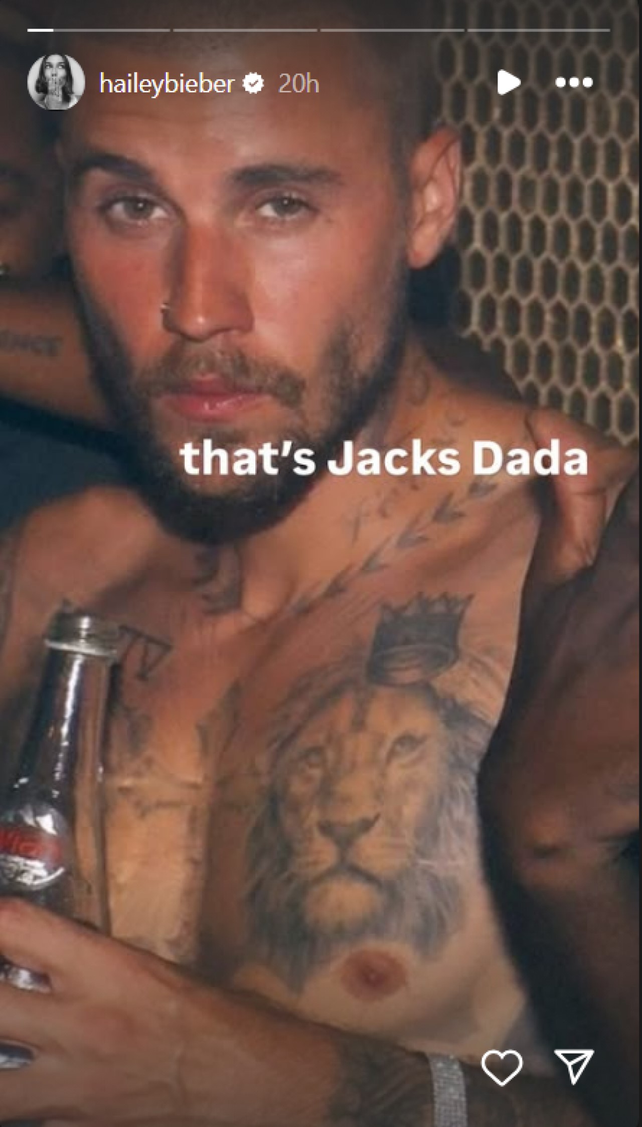 Shirtless Justin Bieber is shown on Hailey Bieber's Instagram Stories.