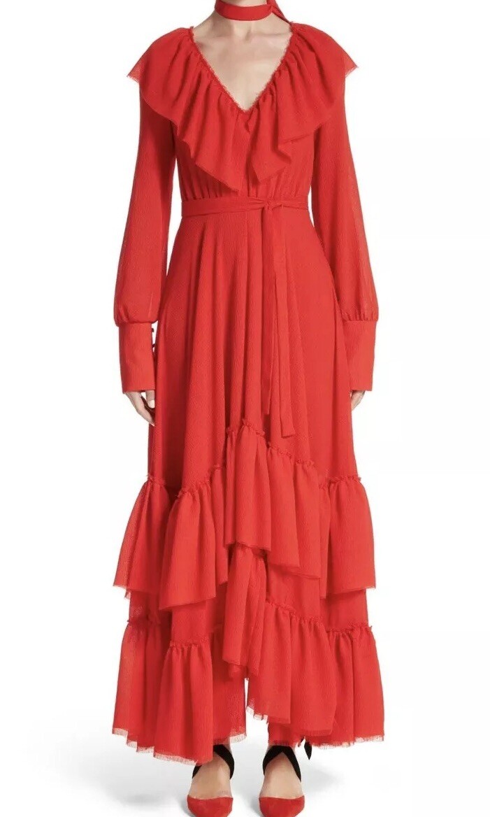 Rejina Pyo Tiered Ruffle Crepe Maxi Red Dress Size Uk 10 Us 6
