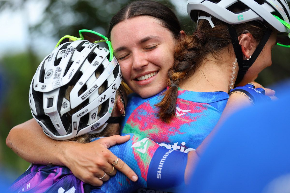 Sophie Marr hugs her Praties teammates after winning the overall ProVelo Super League 2025 at the end of the Q Tour in Queensland