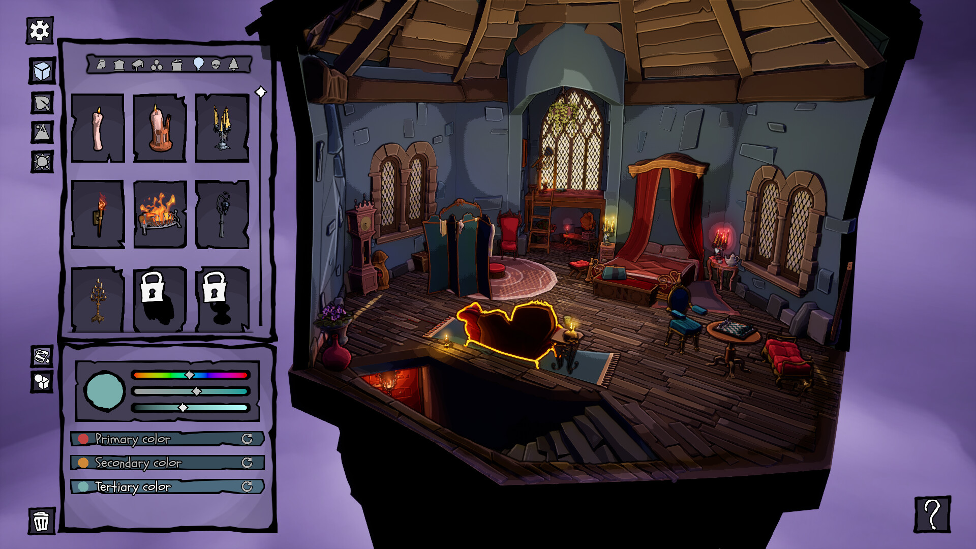 My Eerie Lair screenshot showing the interior of a vampire&#039;s lair with various decorating options