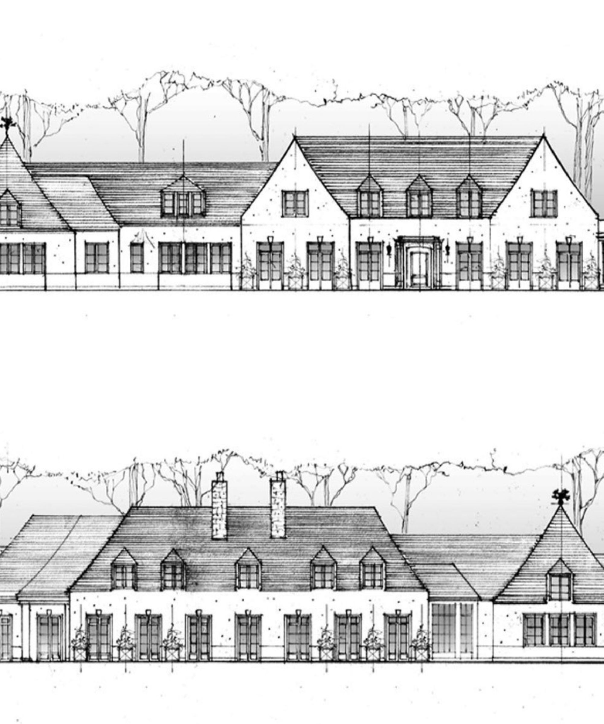 Black and white split-screen sketch, two houses on top pf each other