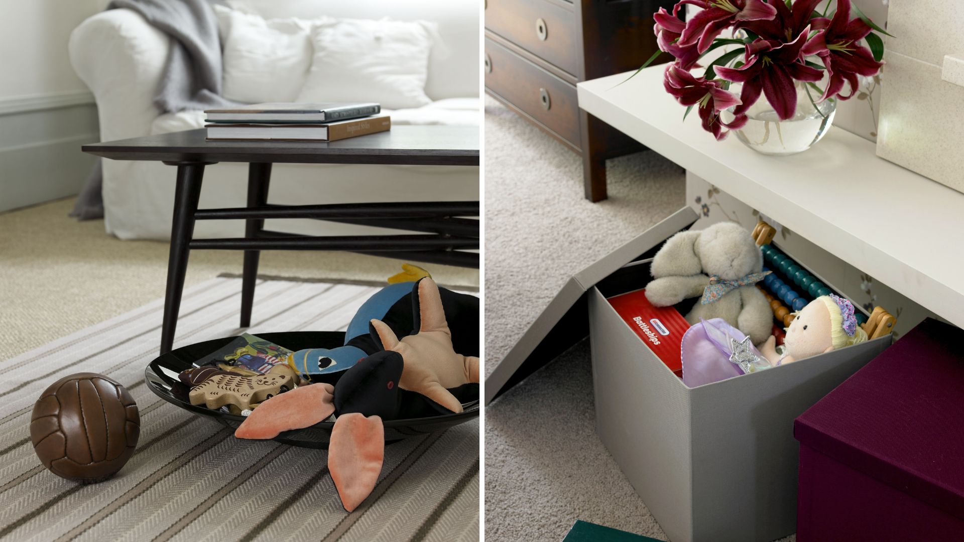 White living room with toys under a coffee table and a box filled with toys under a TV unit